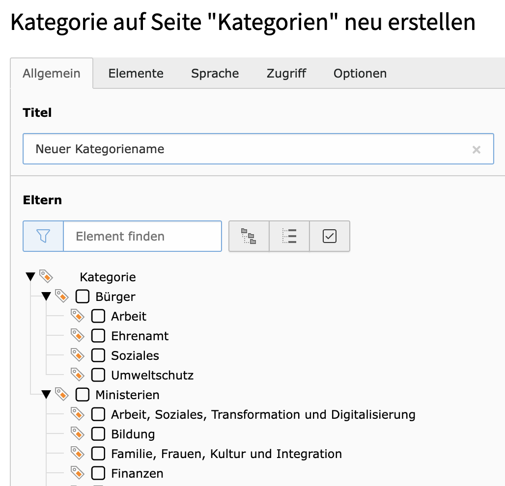 Eingabemaske für die Zuordnung von übergeordneten Kategorien